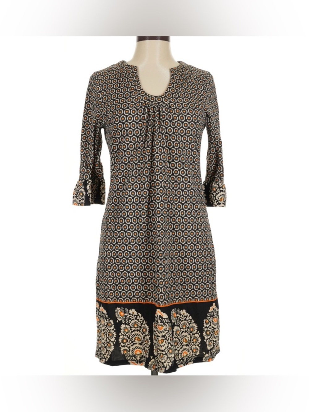 Aryeh Black Printed Midi Dress with Cream and Orange Border